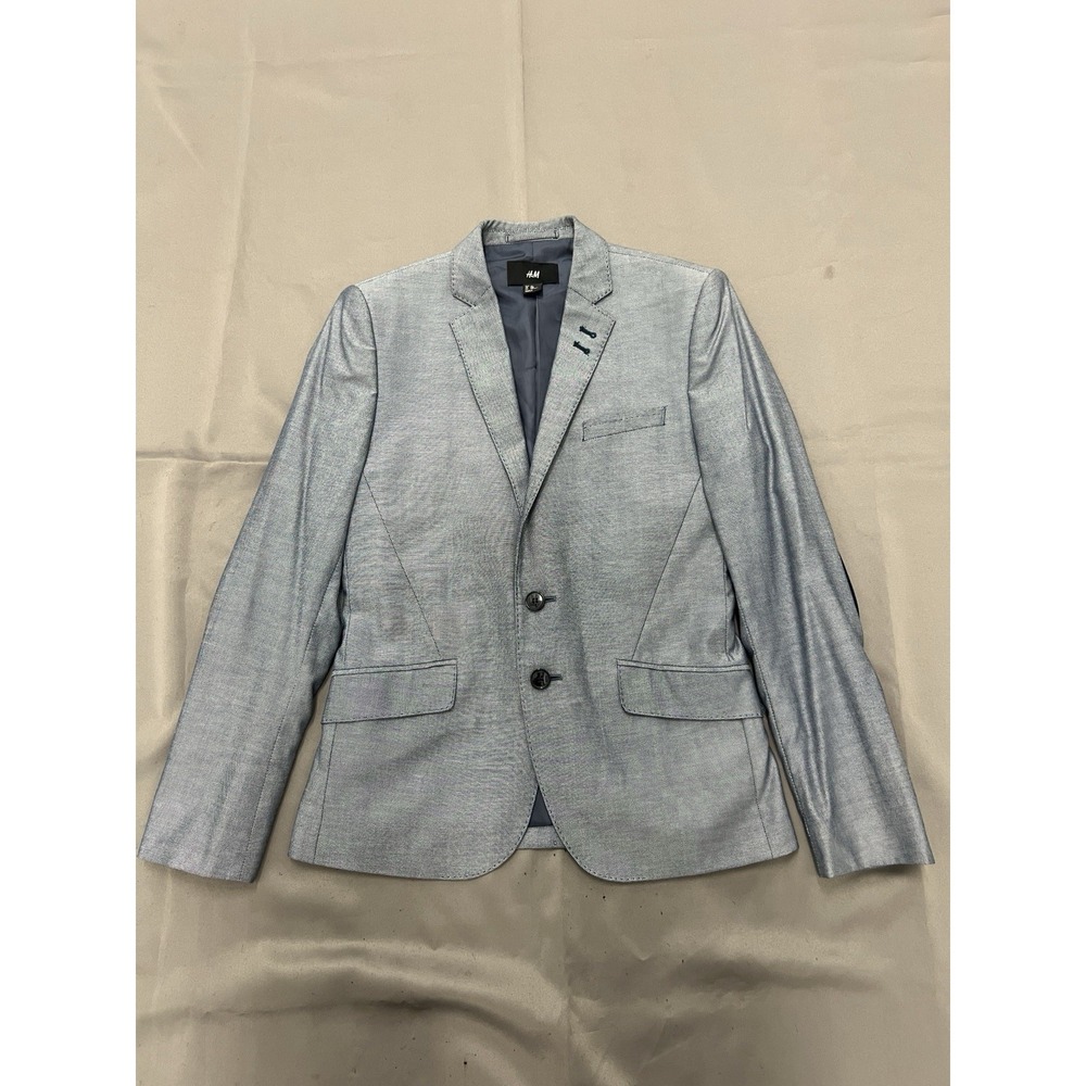 H&M Men Grey Sport Coat Blazer Blue Elbow Patches 34R Regular
